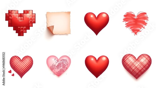 Grid of unique heart illustrations with varied textures and styles.
