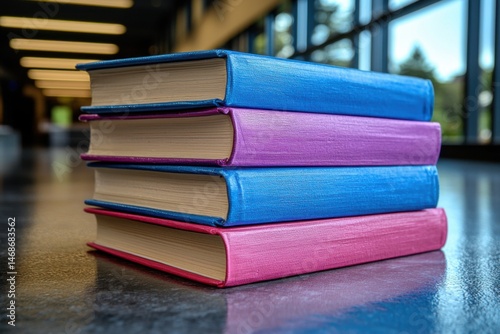 Stack of Colorful Books in Modern Library photo