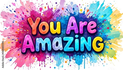 Bold typographic design says “You Are Amazing” with colorful splash.