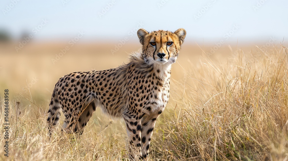 Stunning Cheetah Standing Tall in Open Savannah Grass Field with Spotted Fur and Alert Expression in Natural Sunlight Stunning Cheetah Standing Tall in Open Savannah Grass Field with Spotted Fur and Alert Expression in Natural Sunlight