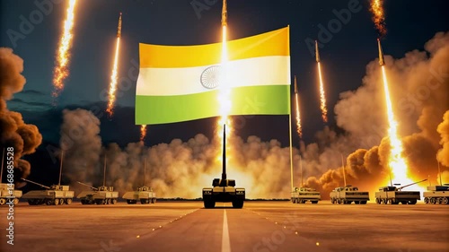 Indian Flag Waving Proudly as Missiles Launch into the Night Sky, Indian army, Indian air force defense attack war
