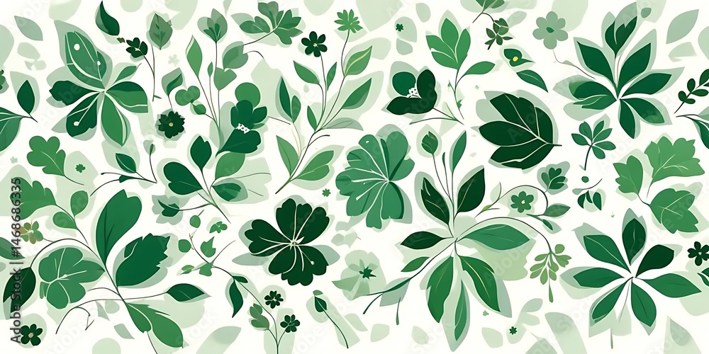 Green botanical pattern with spring floral elements and leaf designs Green botanical pattern with spring floral elements and leaf designs