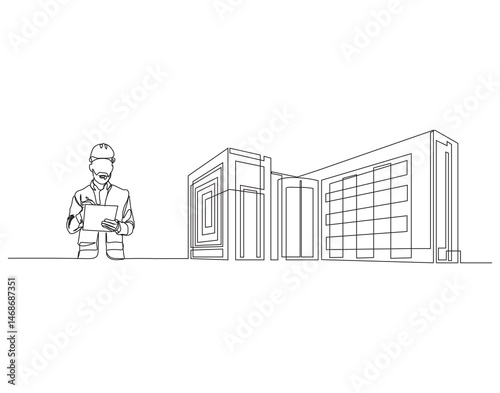 Continuous single line drawing of civil engineer reading blueprint paper and company corporate building. Architect reading blueprint paper single line vector illustration. Editable outline.