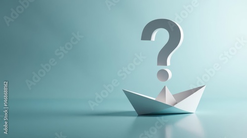 A paper boat navigates an uncertain future, symbolized by a question mark floating above it, representing the challenges and unknown paths ahead in life's journey.