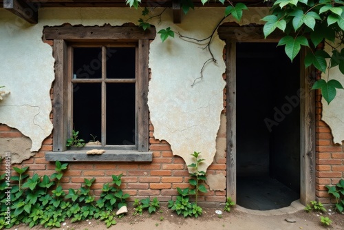 Overgrown Rustic Brick Building with Damaged Plaster  Weathered Wooden Frame Window and Dark Doorway