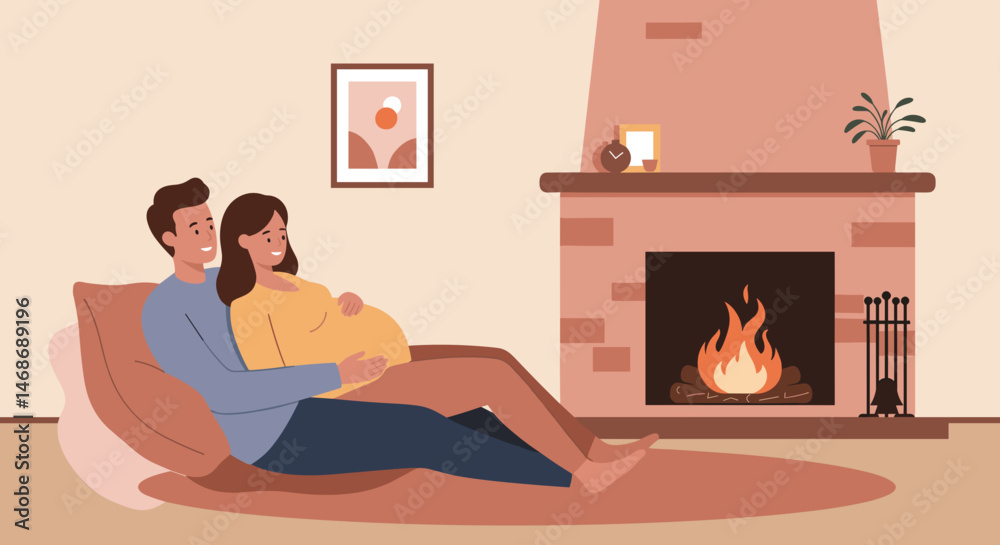 Fototapeta premium Happy pregnant woman relaxing with partner by the fireplace 