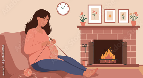 Pregnant woman knitting comfortably by a cozy fireplace  