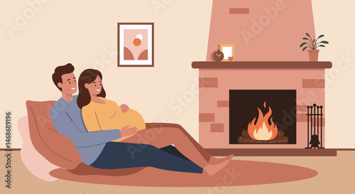 Happy pregnant woman relaxing with partner by the fireplace  