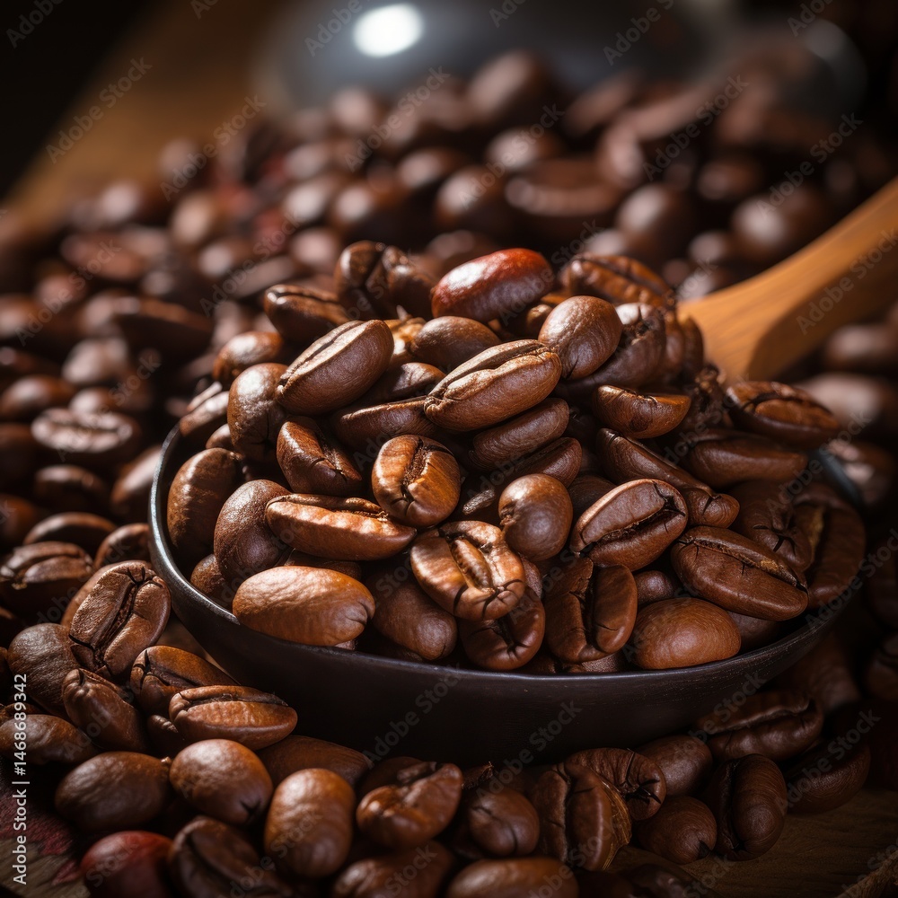 Fototapeta premium Coffee beans in a wooden spoon on a background of coffee beans, Coffee beans in a metal spoon