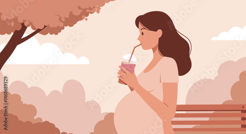 Happy pregnant woman enjoying a drink in a serene park setting  