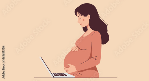 Happy pregnant woman working on a laptop against a light background  