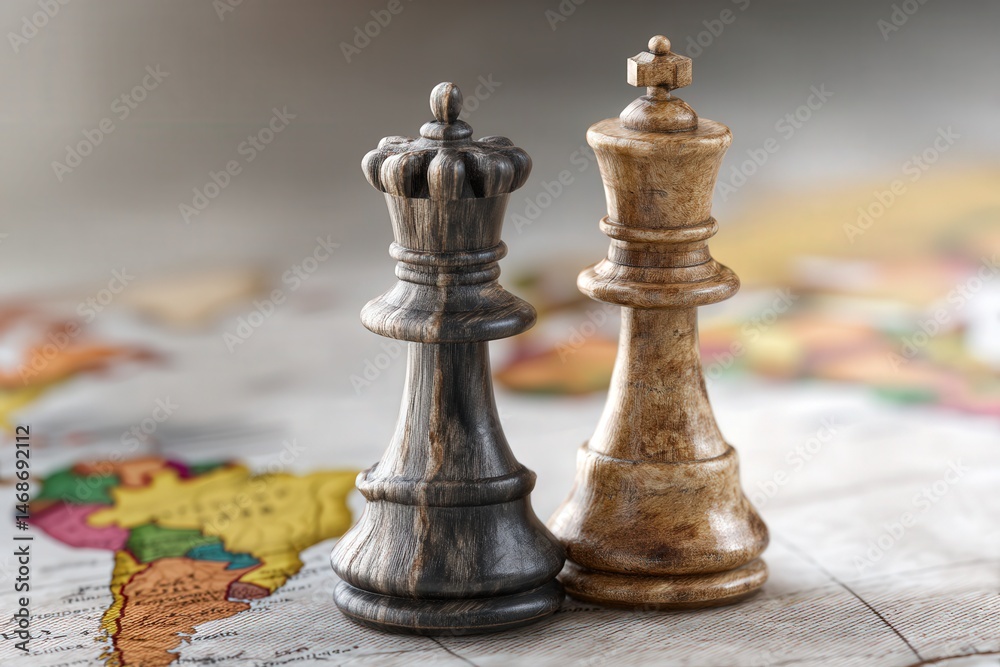 Fototapeta premium Two wooden chess pieces on a map.