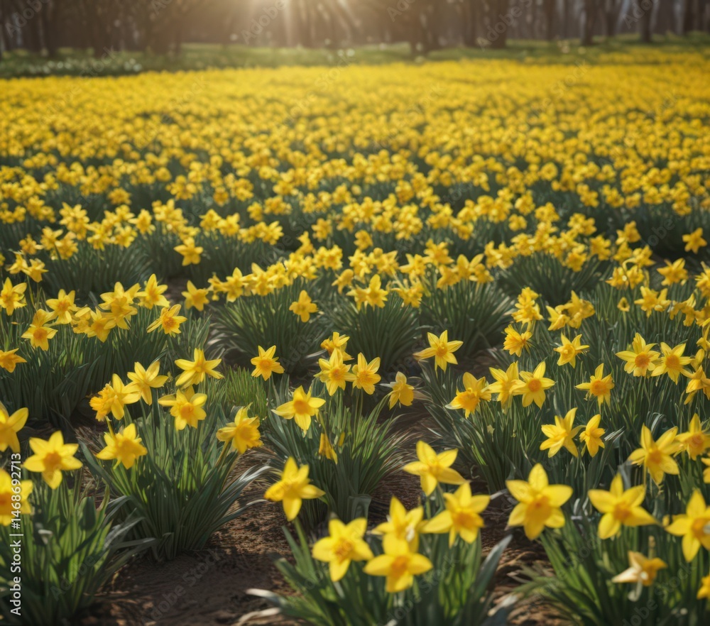 Obraz premium Sunlit daffodil field, vibrant yellow blooms, spring scene, sun, sunshine