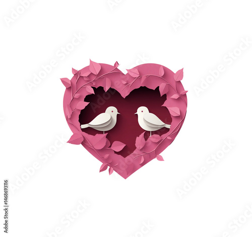 Pink heart shaped paper with two white birds sitting on the paper, white background.
