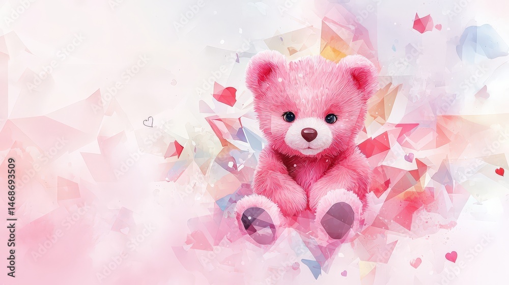 Obraz premium Abstract tiny teddy illustration, blush pink cubist art on pastel fading background