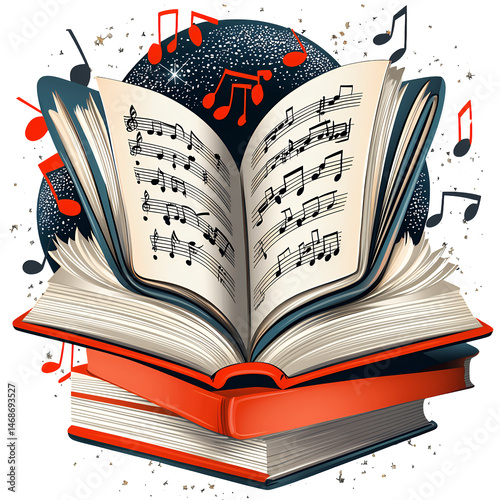 Open book with musical notes floating around it, set against a dark, starry background. The book is red and has cream colored pages filled with