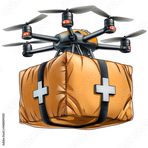 Drone delivering an orange cargo package with medical crosses against a transparent background. The drone is black with red lights