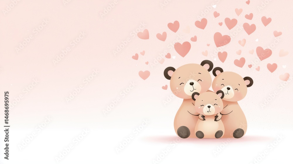 Fototapeta premium Bear family made of simplified shapes huddling under a soft pink sky with pastel hearts