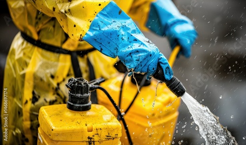 Worker wearing protective hazmat suit with blue rubber gloves spraying water from black nozzle to decontaminate yellow chemical container during hazardous waste cleanup in rainy outdoor environment.