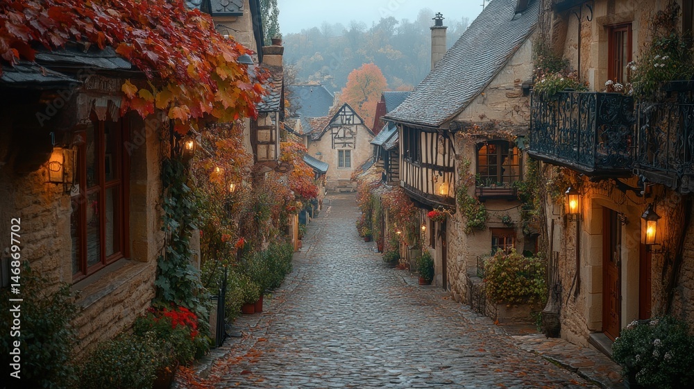 Fototapeta premium Autumnal Charm: A Picturesque Cobblestone Street in a European Village