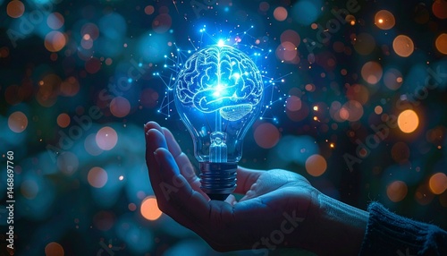 A hand gently cradles a glowing lightbulb showcasing a brilliant brain inside a network of connections symbolizing innovation, intelligence, and creative ideas.