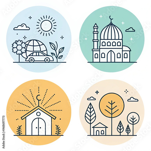 Set of Minimalist Line Icons Featuring Eco Car, Mosque, Church, and Nature Scene


