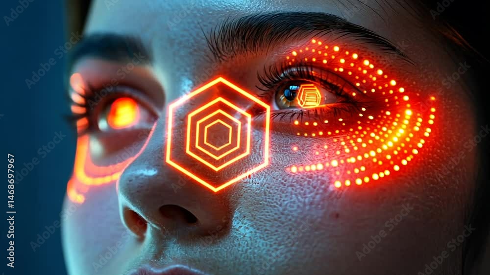 Futuristic face with glowing orange hexagonal and dot patterns near eyes