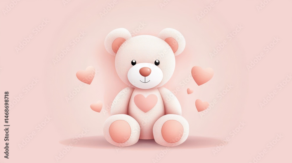 Obraz premium Crochet teddy bear drawn in flat cubism vector, minimal Smoky Blush Pink tones, soft pastel gradient background