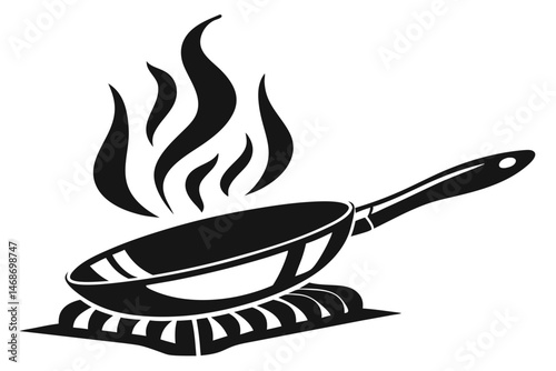 199 Cooking icon, black silhouette, frying pan, flames, stove burner, minimalist design, graphic symbol, kitchen utensil, culinary emblem, vector illustration, simple shape, bold contrast, stylized fi