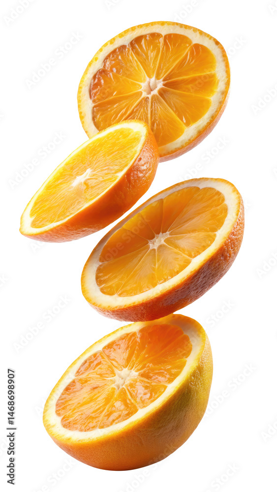 Fototapeta premium flying orange half slices isolated on transparent white background, clipping path
