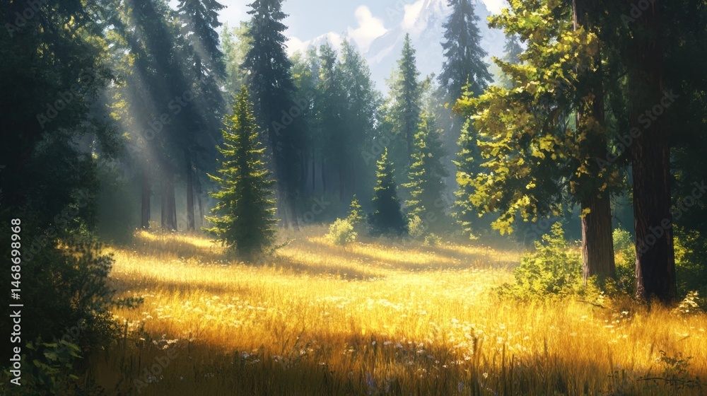 Obraz premium Sunbeams through a golden meadow in a lush forest