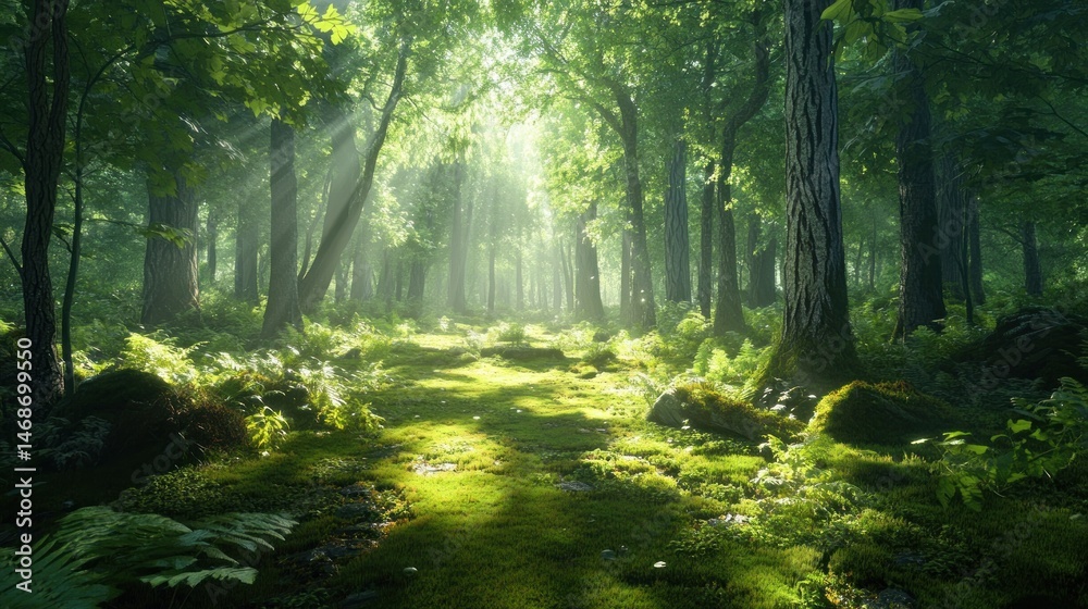 Obraz premium Forest scene with sunlight and greenery