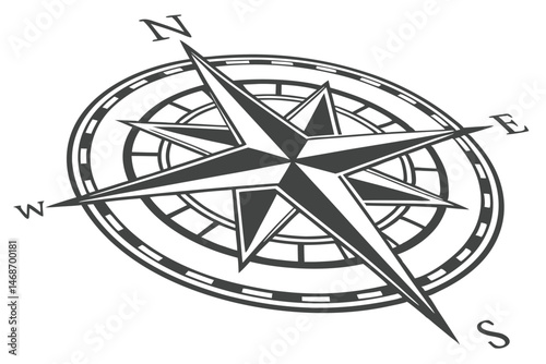 201 Compass rose icon, black and white graphic, circular design, directional symbol, navigation emblem, geometric star shape, minimalist illustration, sharp lines, symmetrical pattern, bold contrast, 