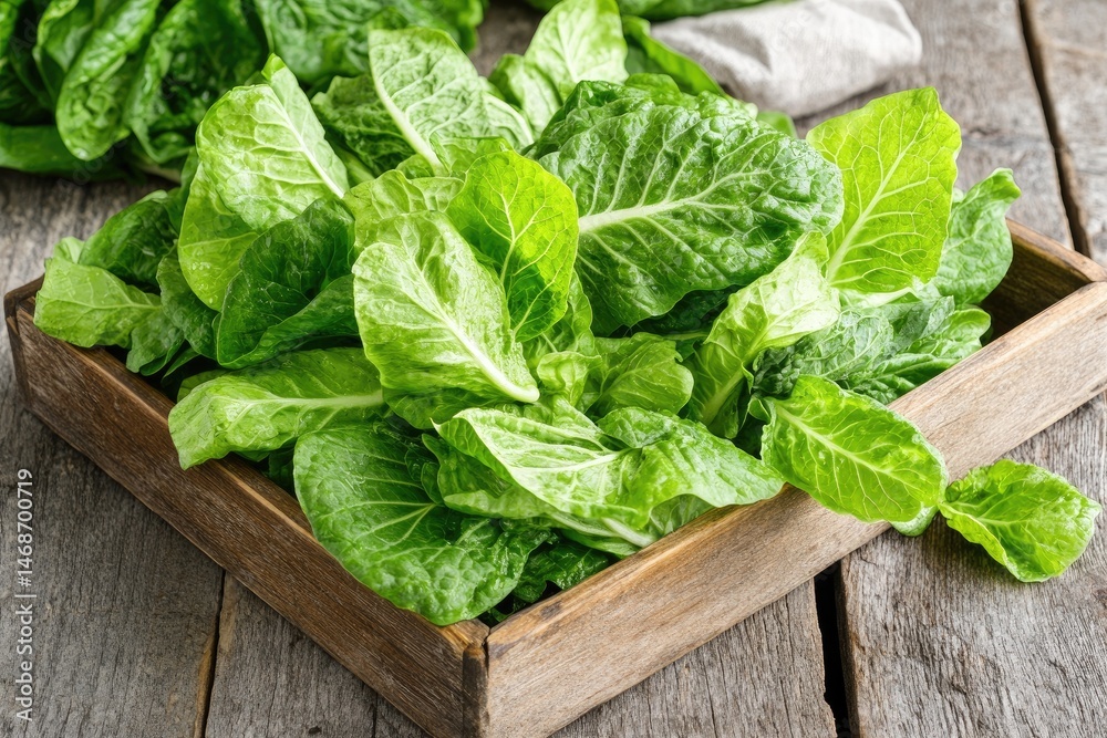 Fresh green lettuce leaves in wooden crate
