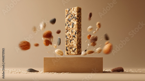 Granola bar placed vertically on kraft block with seeds and nuts falling around in creative motion effect, evoking natural and healthy snack vibe