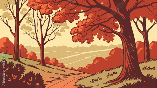 Autumn Hillside Landscape with Colorful Trees and Path