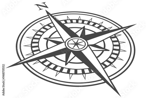 201 Compass rose icon, black and white graphic, circular design, directional symbol, navigation emblem, geometric star shape, minimalist illustration, sharp lines, symmetrical pattern, bold contrast, 