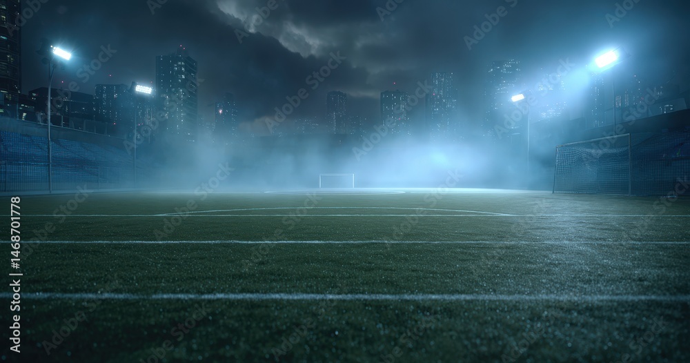 Naklejka premium Misty soccer field under dramatic night sky.