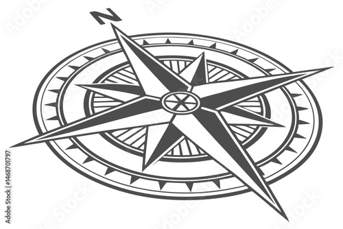 201 Compass rose icon, black and white graphic, circular design, directional symbol, navigation emblem, geometric star shape, minimalist illustration, sharp lines, symmetrical pattern, bold contrast, 