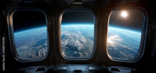 3D rendering from inside a spaceship with windows overlooking Earth