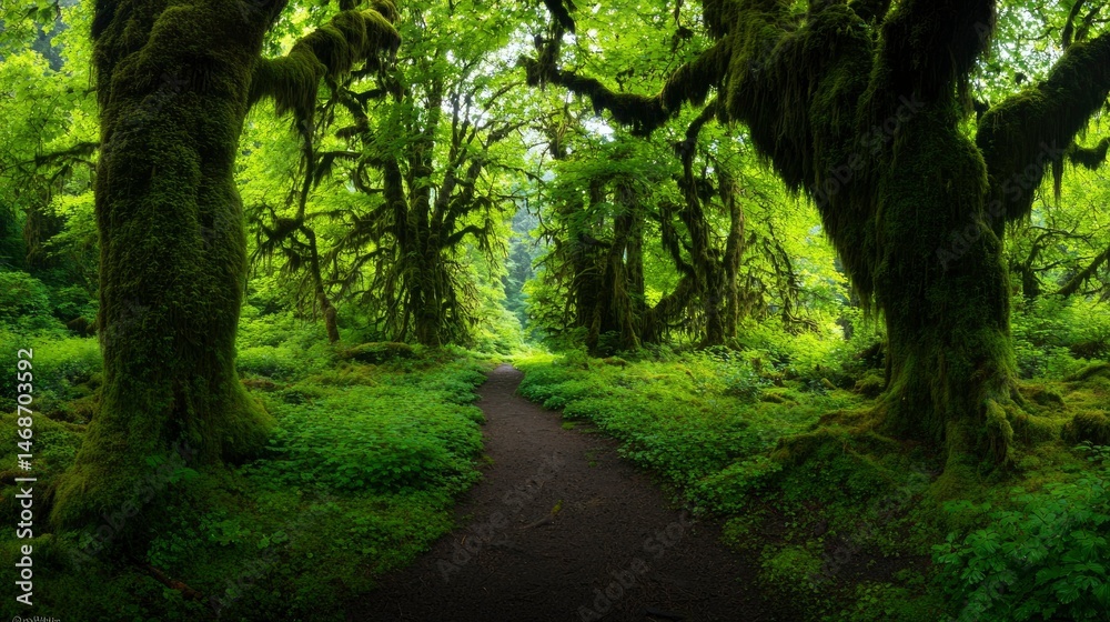 Naklejka premium Lush forest path, vibrant greenery