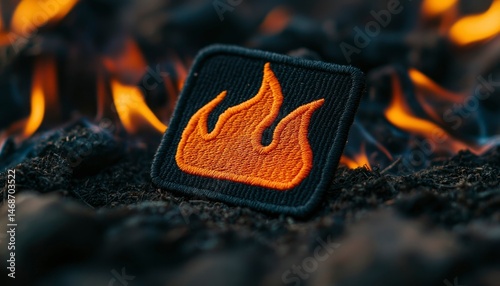 Embroidered patch with orange flames on black fabric