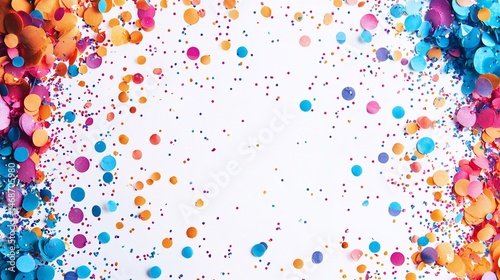 Colorful confetti border on white background; celebration, party, festive design
