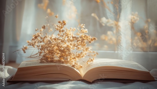Sunlit book with dried flowers, peaceful scene