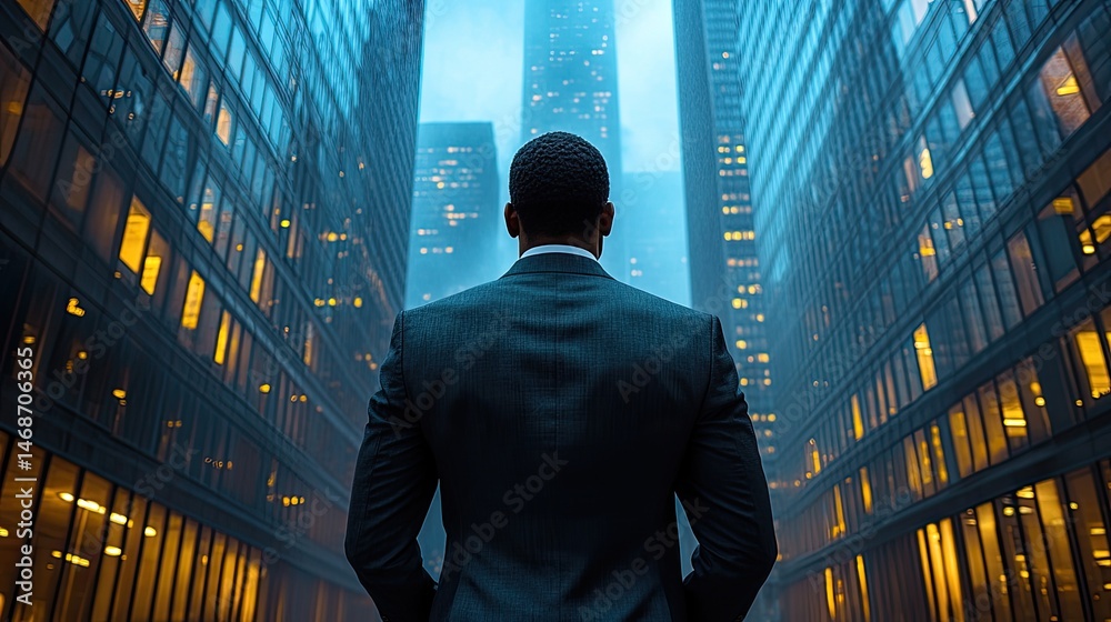 Fototapeta premium Businessman looks towards city skyline
