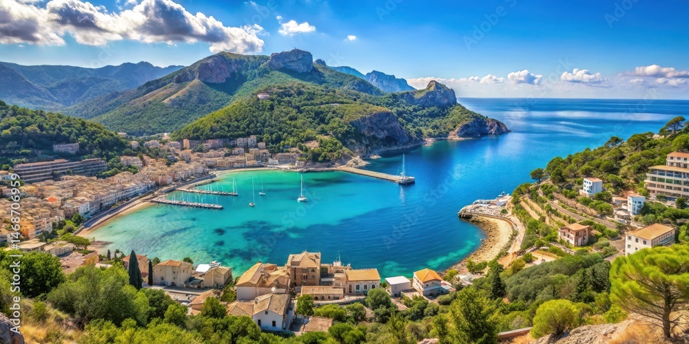 Fototapeta premium Panoramic view of Port de Soller with turquoise sea and surrounding mountains, Mediterranean Sea, villages
