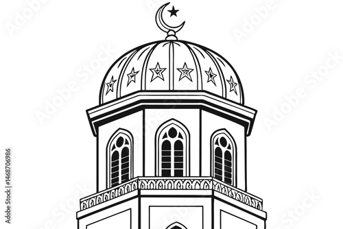 204 Silhouette lantern, Islamic design, cylindrical shape, star-topped dome, three arched windows, black and white graphic, minimalist illustration, decorative lighting fixture, Ramadan symbol, vector