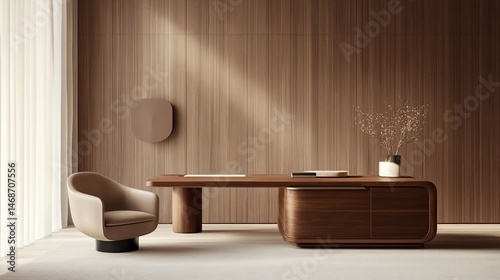 Modern executive office with minimalist wood desk and chair in a warm, inviting space