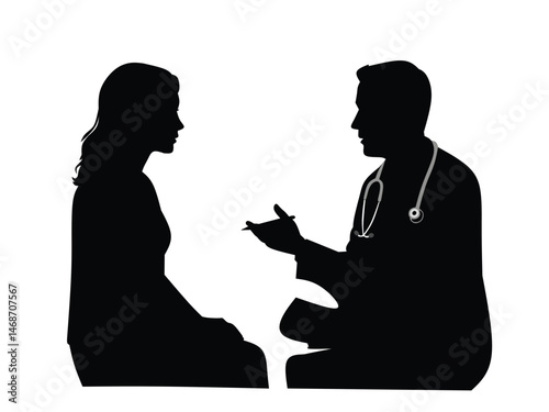 Silhouette of doctor examining female patient isolated on white background

