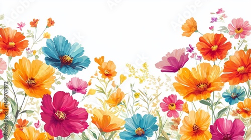 Colorful cosmos flowers border, white background, floral design, greeting card